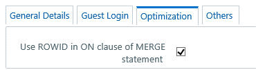 This illustration shows the Optimization tab, which enables you to specify Hints, Scripts, and Using ROWID instead of Primary Keys to optimize Merger statements.