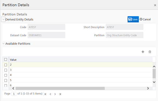 This illustration shows the Partition Details window. The window has the Derived Entity Details and Available Partitions pane. In the Derived Entity Details pane, you can specify the details of the derived entity. In the Available Partitions, you can select the value of the partitions, you can also add and delete the partition in this pane.