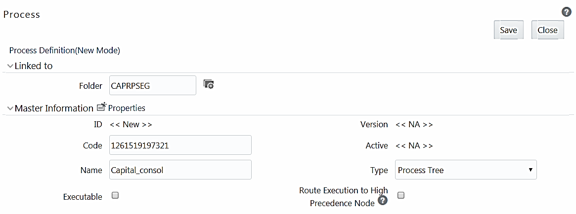 This image displays the Process Definition (New Mode) window.