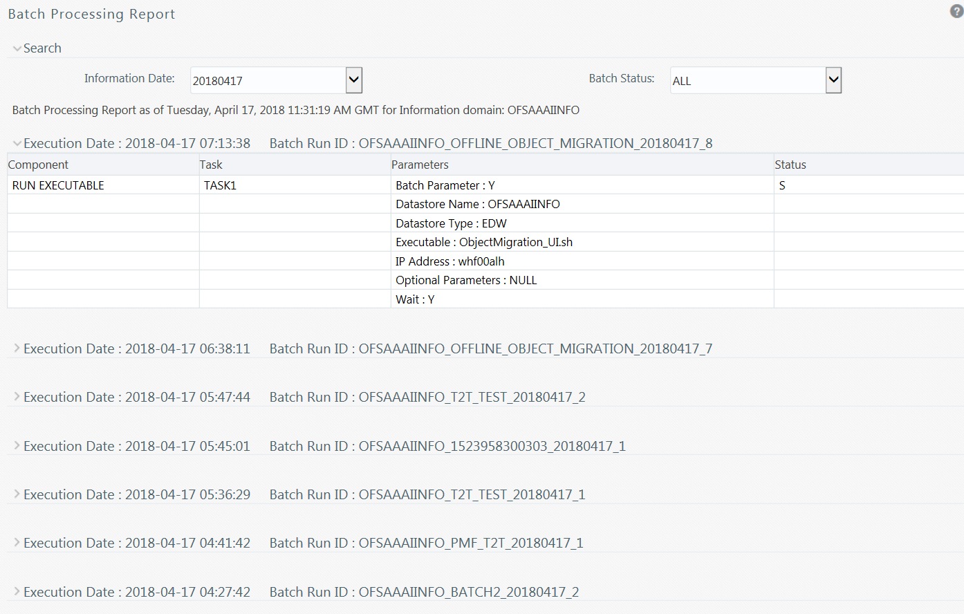 This illustration shows the Batch Processing Report window, which facilitates you to view the execution status of each task component defined in a Batch.