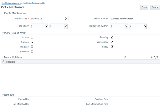 This illustration shows the Profile Definition (add) window. The window has panes such as, Profile Maintenance, Work Days of Week, New - Holidays, and User Info.