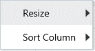 This illustration shows the Resize and Sort Column options, which can be used to resize or sort the columns in a report.