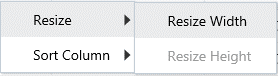 This illustration shows the Resize options that are available to resize the columns in the report. The available options are Resize Width and Resize Height.