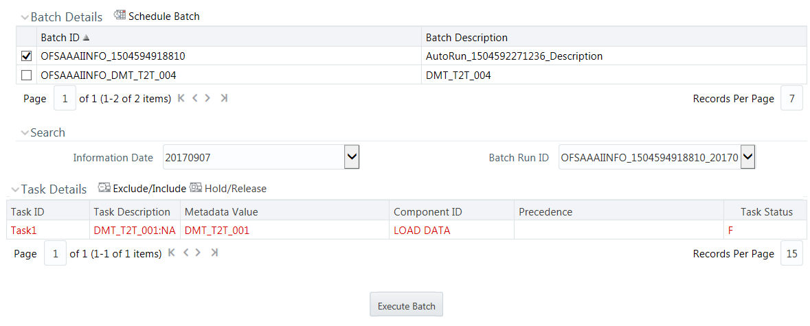 This illustration shows the Batch Maintenance window. The window has the Batch Name and Task Details pane. You can search for the batch by specifying the details of the batch. The results are displayed in the Batch Name pane, you can also Add, View, Edit, and Delete the batch. You can also set the task precedence specify component, and define the dynamic parameters based on the component from this window.