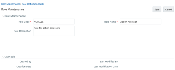 This illustration shows the Role Definition (add) window. The window has panes such as, Role Maintenance and User Info. To add a role definition, you need to specify the Role Code, Role Name, and Role Description in the Role Maintenance pane.