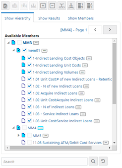 This illustration shows the Show Hierarchy tab, which displays the leaves in each node in ascending order of Members. You can expand the hierarchy to select the required value.