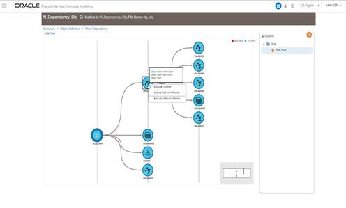 This illustration shows the Show Dependency window. You can identify the dependencies of your objects from this window. You can exclude or include self and child objects from this window.