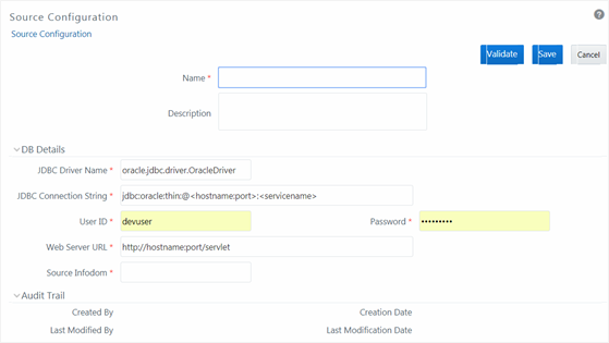 This illustration shows the Source Configuration window. The window has the DB Details and Audit Trail pane. To define the source, you need to specify the details of the source in the BD details pane, validate and save the details. The description of the fields are provided in the table in this topic.