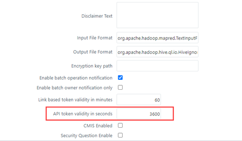 This illustration shows the Token Expiry Configuration. The token expiry time can be configured in the Configuration UI. Specify the expiry limit of the token in the API token validity in seconds field. By default, the One-Time Token validity is set to one hour.