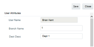 This illustration shows the User Attributes window. You can provide additional input to the user attributes that are configured for a user. Ensure that the required user attributes are present in the CSSMS_ATTRIB_MAST table.