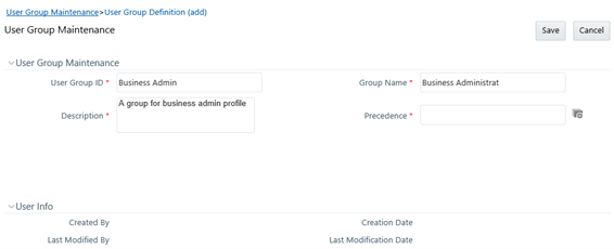 This illustration shows the User Group Definition (add) window. It has the User Group Maintenance and User Info panes. You can add a user group by specifying the details of the user group in the User Group Maintenance pane.