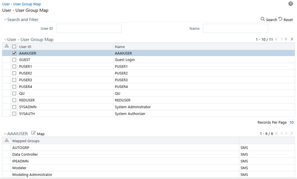 This illustration shows the User – User Group Map window, which displays details such as User ID, Name, and the corresponding Mapped Groups. You can view and modify the existing mappings within the User - User Group Map window. The window has panes such as, Search and Filter, User - User Group Map, and AAAIUSER. You can specify the user details to search the defined user group maps.