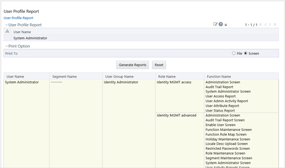 This illustration shows the facilitates User Profile Report window, which facilitates you to generate user profile reports. The window has panes. User Profile Report and Print Options. You can use of Pagination option to view the list of users within the system and generate reports from the Print Option pane.