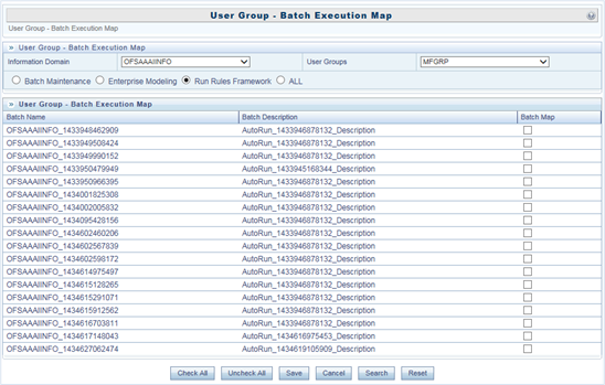 This illustration shows the User Group – Batch Execution Map window, which displays the list of defined Batches for the selected Information Domain along with the other details such as Batch Name and Batch Description. The window has the User Group - Batch Execution Map pane and specify the fields and select the Batch Name from the list to execute the batch.