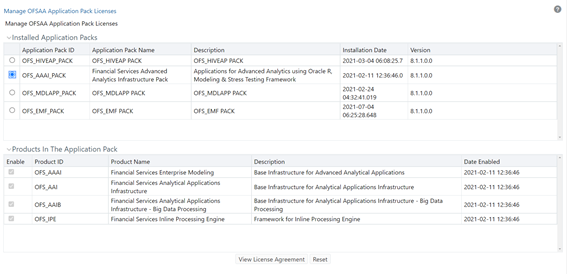 This illustration shows the View OFSAA Application Pack Licenses window, which enables you to can view the Application’s Product Licenses relevant to Application Pack after the installation process. The window has the Installed Application Packs section and the Products in the Application Packs section.