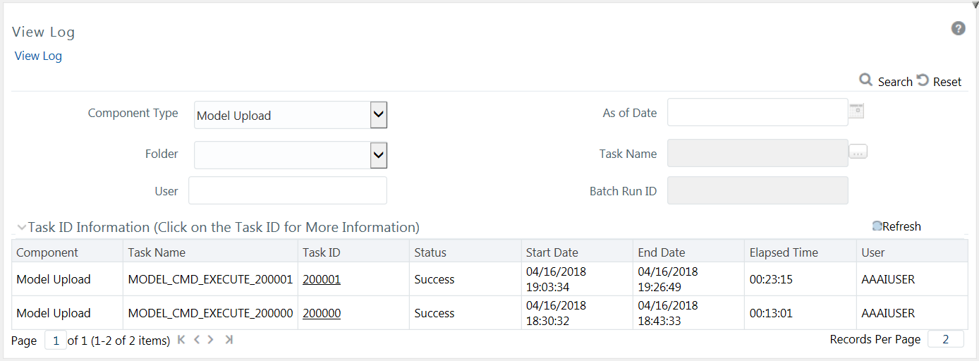 This illustration shows the View Log window, which displays the Task ID's Information. You can specify the log details and search for the logs. The logs are displayed in the Task ID Information pane.