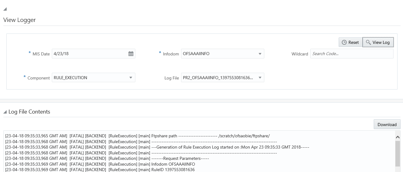 This illustration shows the View Logger window. You can specify the details in the View Logger pane and view the log contents in the Log File Contents pane.