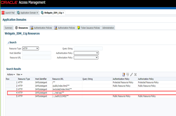 This illustration shows the Webgate IDM tab. The Search Results are displayed. The REST APIs required for OFSAA is highlighted as displayed in the figure.