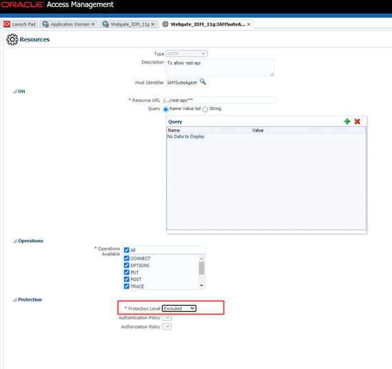 This illustration shows the Webgate IDM tab. The Search Results are displayed. The REST APIs required for OFSAA is highlighted as displayed in the figure. To enable token based authentication for REST APIs, rather with basic authentication, you must change Protection Level from Protected to Excluded.