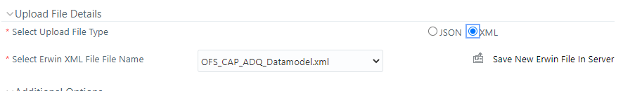 This image displays the XML: Select the erwin XML or Database XML file for upload from the drop-down list.