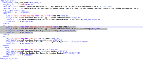 Configure OFS_App pack_PACK.xml File. Enable the option as YES for the App ID OFS_AAIB as shown in this illustration.
