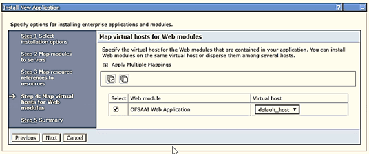 This illustration displays the Map Virtual host for Web Modules window.