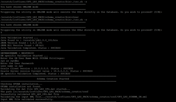 This illustration displays the schema creation in online mode. The following message is displayed: You have chosen ONLINE mode. Triggering the utility in ONLINE mode will execute the DDLs directly on the Database. Do you wish to proceed? (Y/y or N/n).