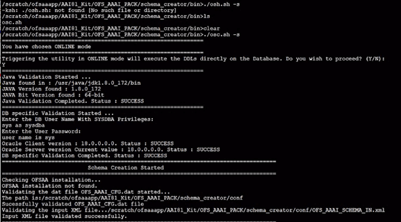 This illustration displays the schema creation in online mode. The following message is displayed: You have chosen ONLINE mode. Triggering the utility in ONLINE mode will execute the DDLs directly on the Database. Do you wish to proceed? (Y/y or N/n).