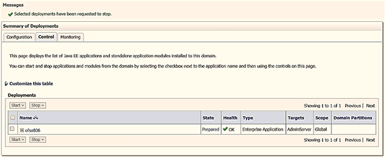 Once you click Yes in the confirmation dialog to stop the selected deployment the confirmation message is displayed.