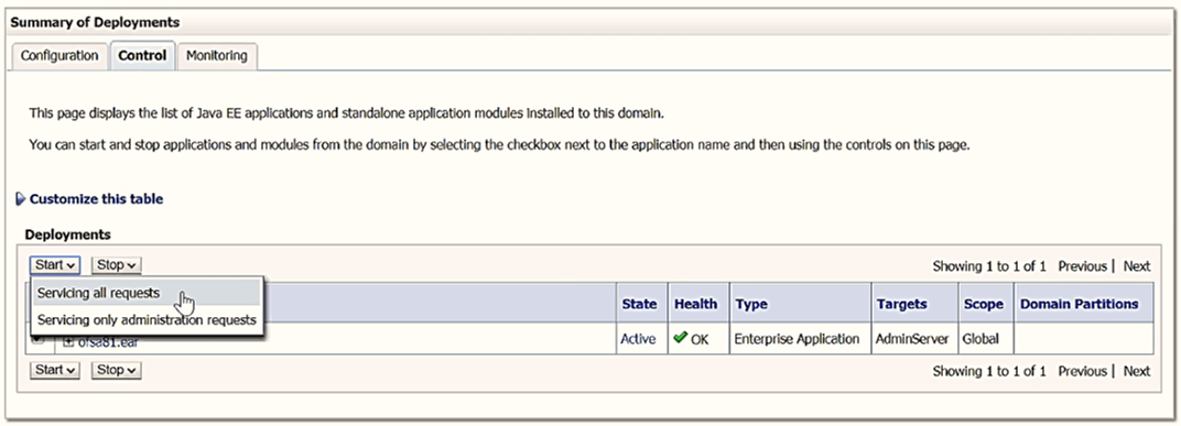This illustration displays the Summary of Deployments window.