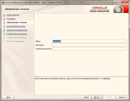 Enter the user name to be assigned to the administrator, the password, and confirm the password. Click Next to ac Domain Mode and JDK window.
