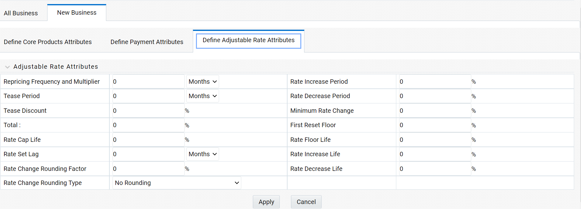 Define Adjustable Rate Attributes Tab to define the Product Characteristic Rule