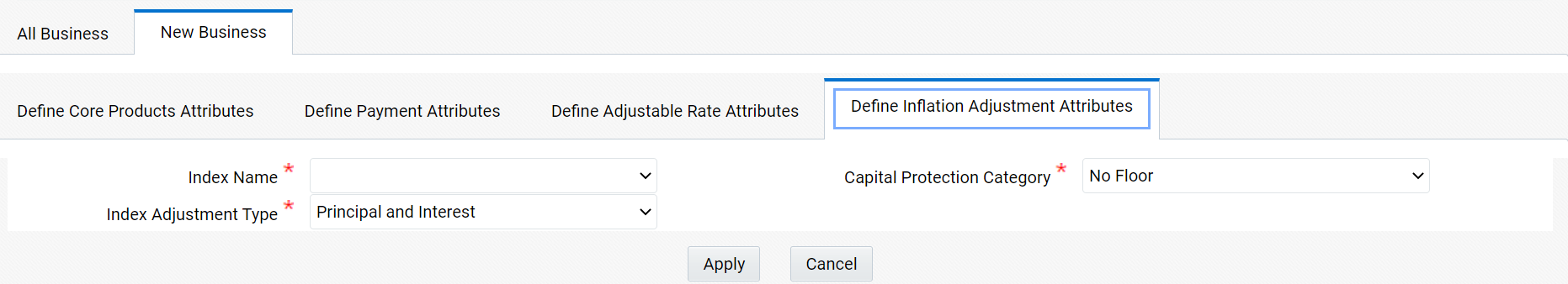 Define Inflation Adjustment Attributes secondary tab to define the Product Characteristic Rule