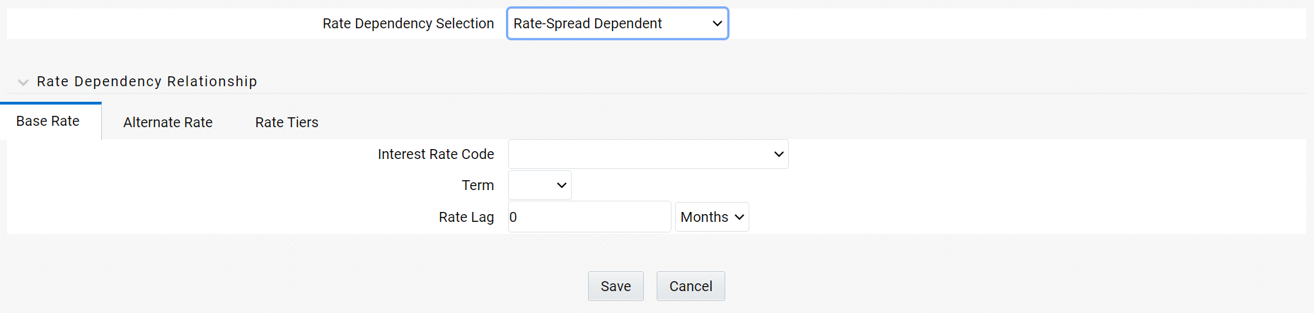 Base Rate Tab of the Rate Dependency Pattern Rule after selecting Rate-Spread Dependent option