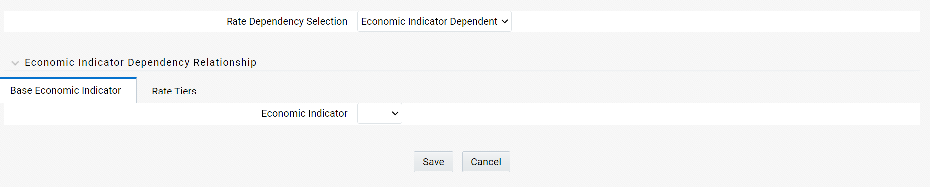 Rate Tiers Tab of the Rate Dependency Pattern Rule after selecting Economic Indicator option