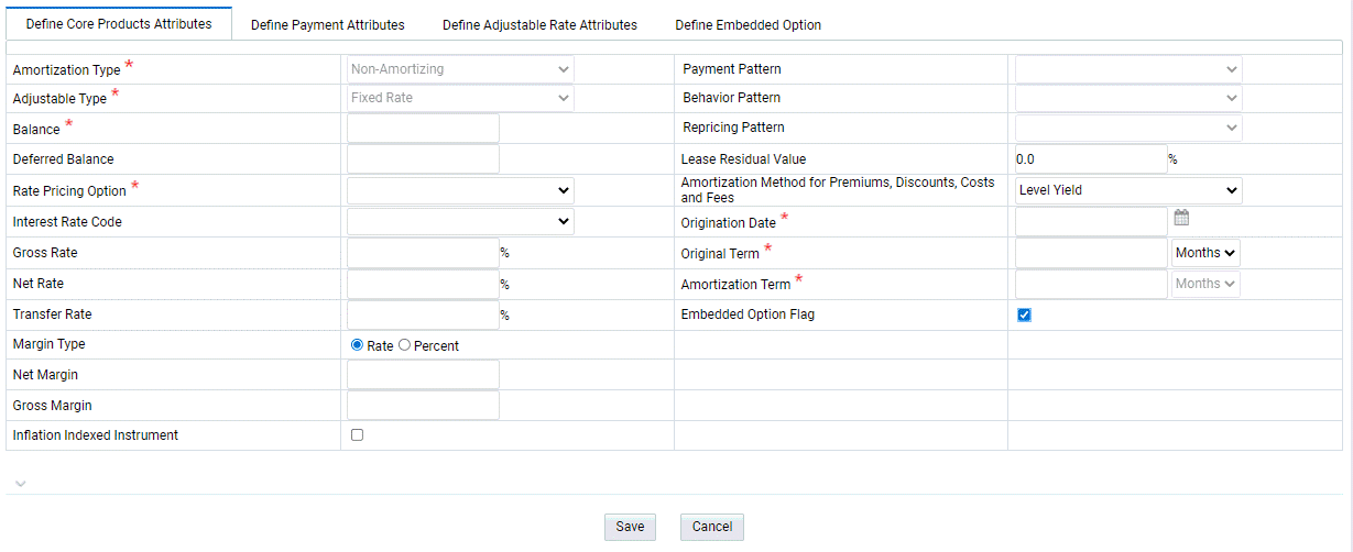 Define Core Products Attributes tab for defining On-Balance Sheet transaction
