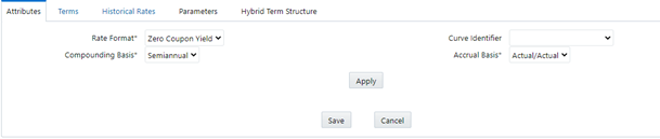 The Attribute Tab on the Interest Rate Code screen allows you to define the Rate format, compounding basis, curve identifier, and accrual basis for the new interest rate code that is being defined.