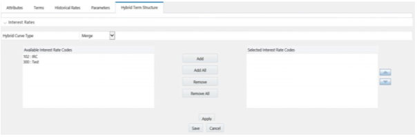 The Hybrid Curve tab on the Interest Rate Code window allows you to specify three hybrid yield curves namely, Spread, Moving Average, and Merge. The Hybrid Curve tab on the Interest Rate Code window allows you to specify three hybrid yield curves namely, Spread, Moving Average, and Merge.