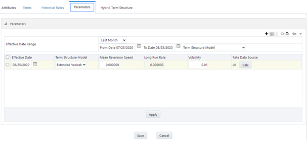 The Parameters tab on the Interest Rate Code window allows you to calculate parameters for any Term Structure Model for a given Effective Date, based on your relative look back term and a sufficient number of observations (available historical rates) for the IRC. The Parameters tab on the Interest Rate Code window allows you to calculate parameters for any Term Structure Model for a given Effective Date, based on your relative look back term and a sufficient number of observations (available historical rates) for the IRC.
