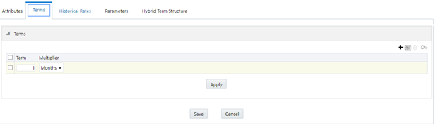 The Term Tab pane on the Interest Rate Code window allows you to define the terms and multipliers for the terms for the interest rate code that is being created.