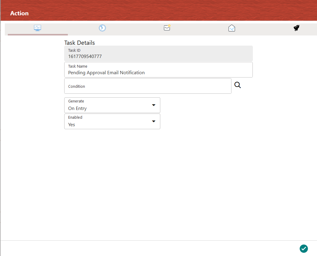 This image displays the Action Details window - Defining Task Details.