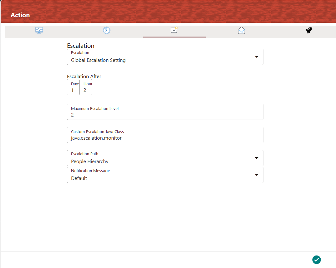 This image displays the Action Details Window - Setting Task Escalation.