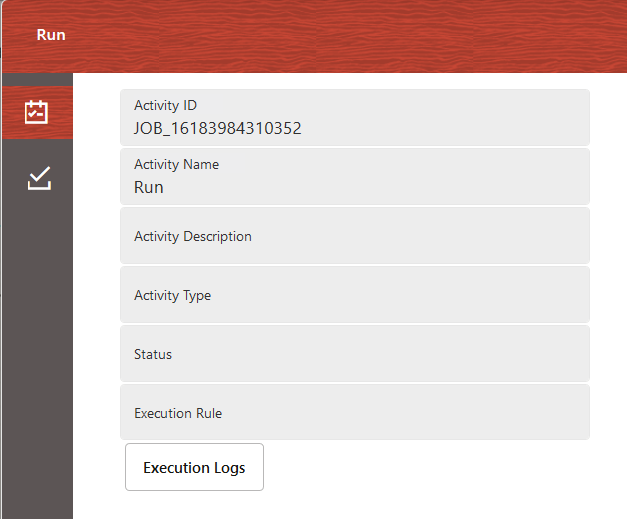This image displays the Activity Execution Details Window to View the Execution Log for Widgets.