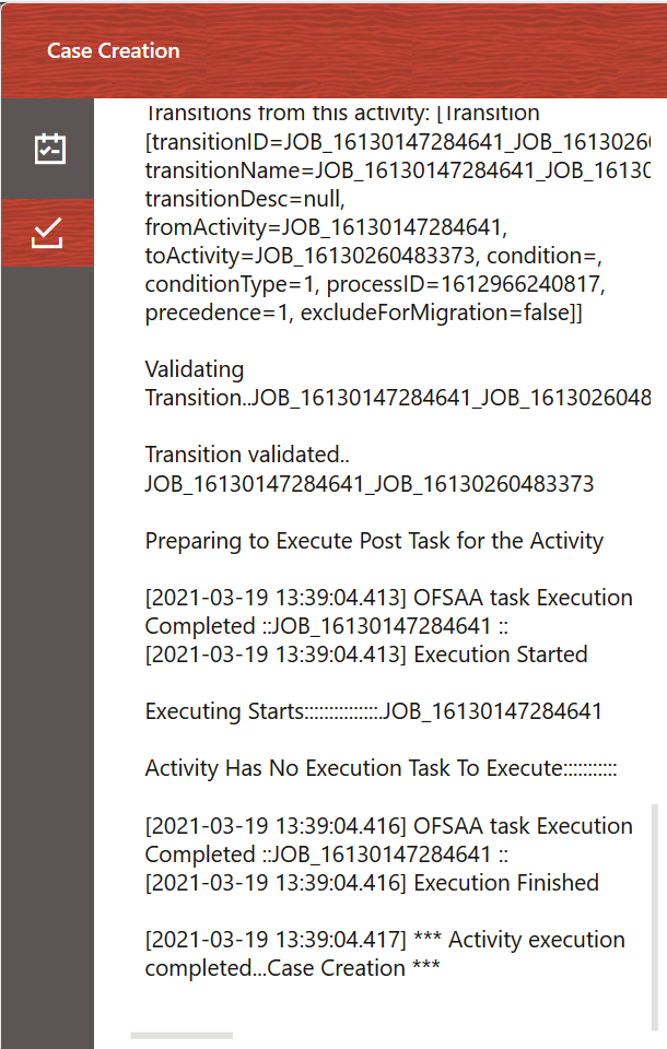This image displays the Activity Execution Logs window.
