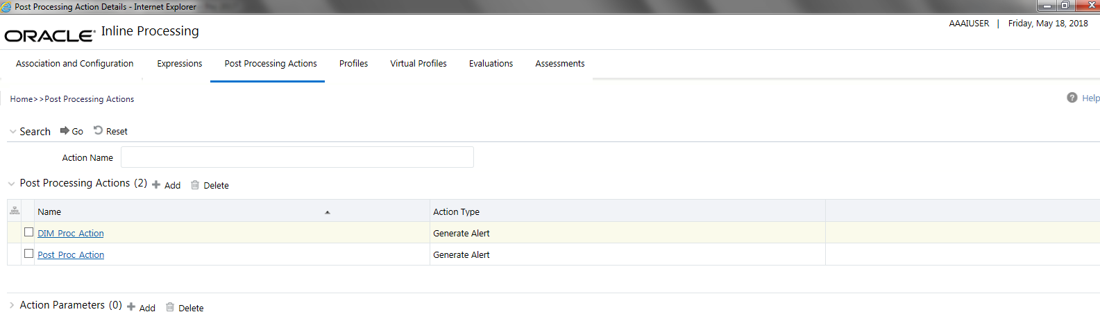 Post Processing Actions Details page