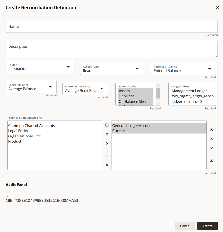 The Create Reconciliation screen allows you to define a new Reconciliation Definition.