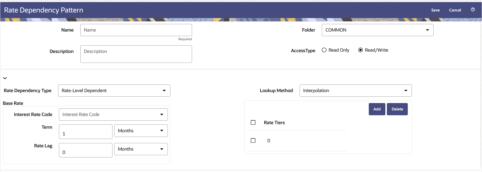 Rate Dependency Pattern Page to Create a New Rate Dependency Pattern Rule