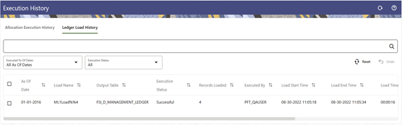 The Ledger Load History Table will display the load names sorted in descending order based on the As of Date and the Load End Time. The Ledger Load History Table will display the load names sorted in descending order based on the As of Date and the Load End Time.