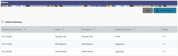 This screen displays the summary of the Columns and Actions icon. This screen displays the summary of the Columns and Actions icon.