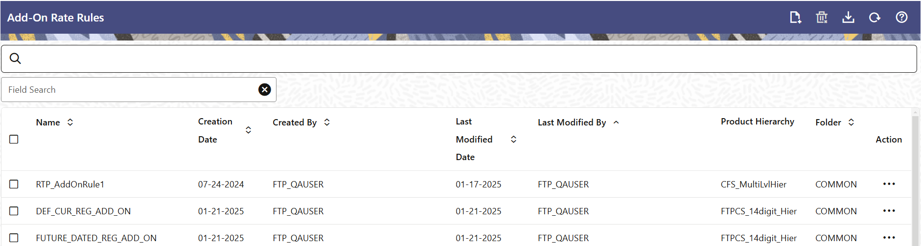 Add-On Rates summary page